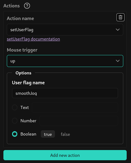 Button action form, containing a dropdown for 'Action name', a dropdown for the type of mouse event that will cause the action to trigger, and option relevant to the specific action selected