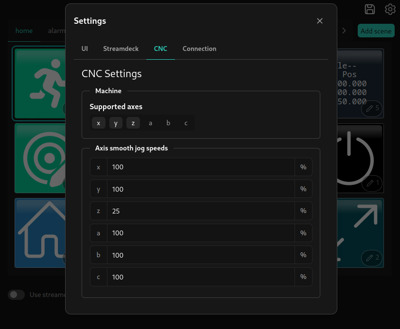 CNC settings dialog with selections for available axes (x, y, z, a, b and c), and percentage fields to control smooth jogging speed