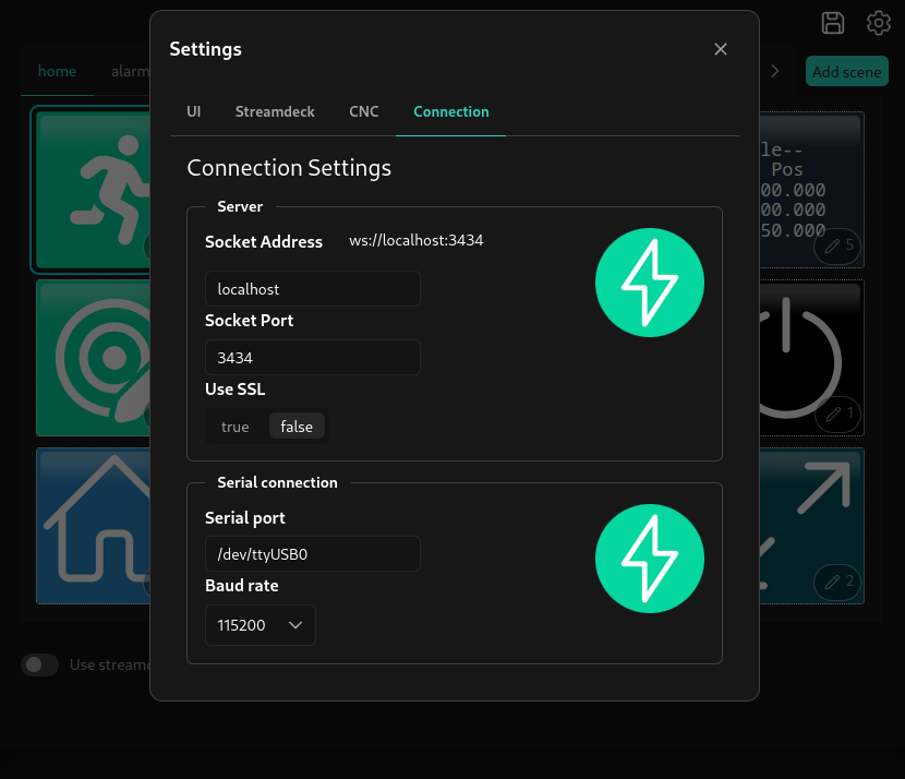 Connection settings form dialog. Includes fields for the socket address, port and a toggle for connecting using secure web sockets, and serial port and baud rate settings