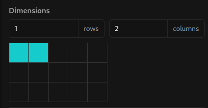 Button dimensions dialog with integer fields for rows and columns, and a grid to show the resulting button span