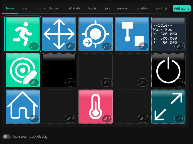 3 by 5 grid of buttons with edit icons, with a tab list of scene names at the top