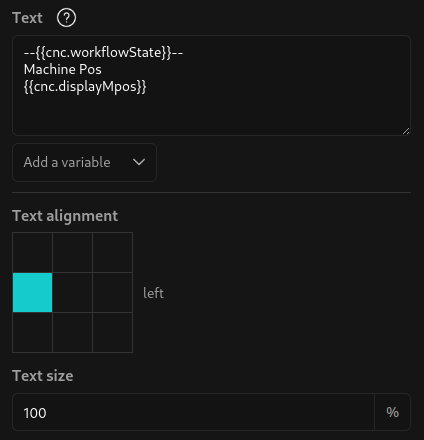 Text setting containing a large text block for button contents with a 'variables' dropdown below, a text alignment grid to select the text position within the button, and a percentage field for overriding the text size