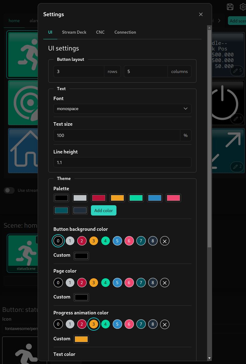 UI setting dialog with fields for the number of rows and columns to display, font size and line height, color palette selection, and color options for button background, page, text, and progress indicator